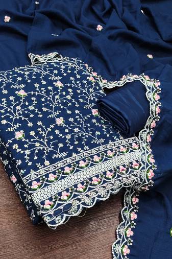 women's blue unstitched vichitra silk dress material with embroidered dupatta