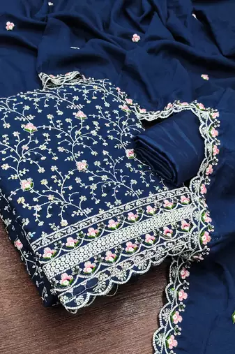 women's blue unstitched vichitra silk dress material with embroidered dupatta