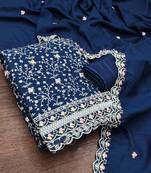 women's blue unstitched vichitra silk dress material with embroidered dupatta