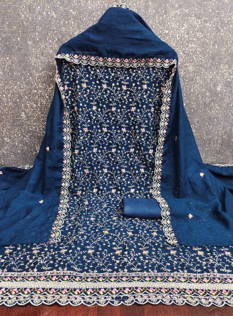 women's blue unstitched vichitra silk dress material with embroidered dupatta