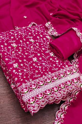 women's magenta unstitched vichitra silk dress material with embroidered dupatta