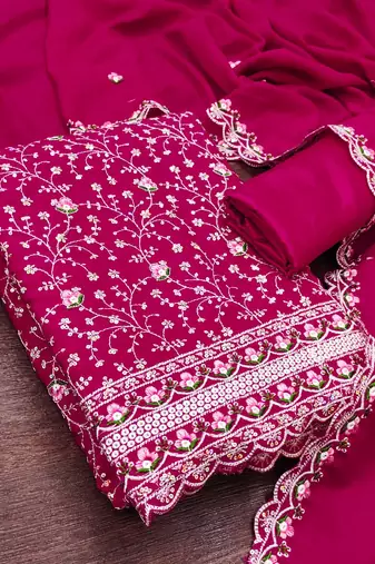 women's magenta unstitched vichitra silk dress material with embroidered dupatta