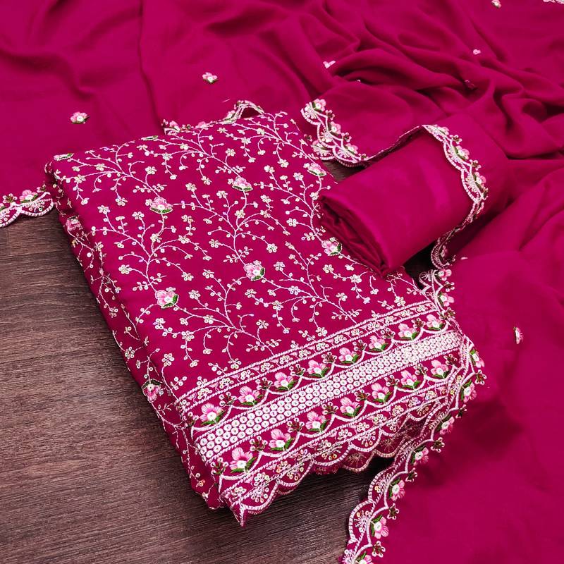 women's magenta unstitched vichitra silk dress material with embroidered dupatta