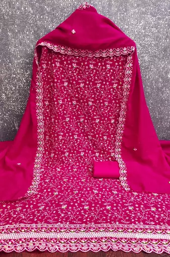women's magenta unstitched vichitra silk dress material with embroidered dupatta