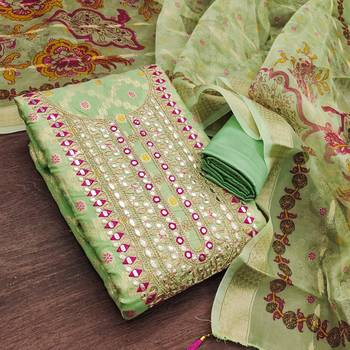 women's light green unstitched modal jacquard dress material & emblished dupatta 1