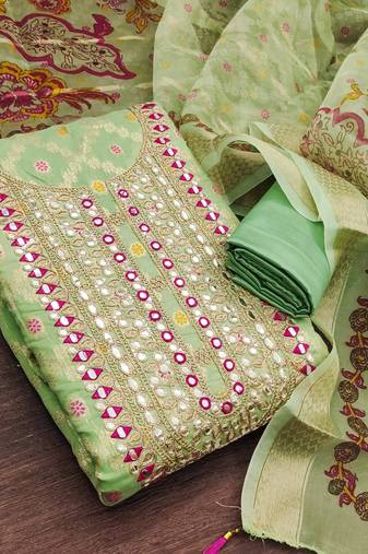 women's light green unstitched modal jacquard dress material & emblished dupatta