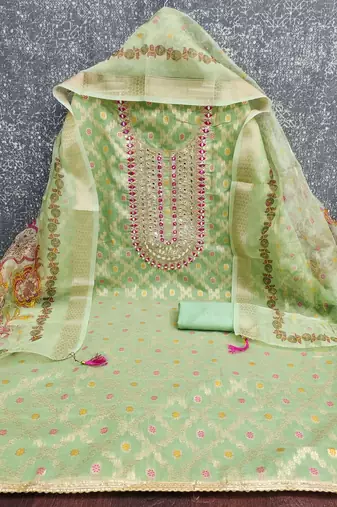 women's light green unstitched modal jacquard dress material & emblished dupatta