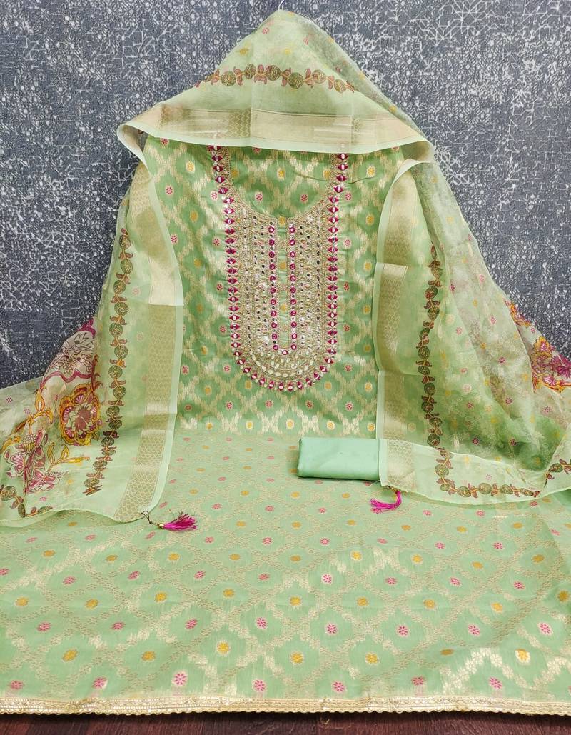 women's light green unstitched modal jacquard dress material & emblished dupatta