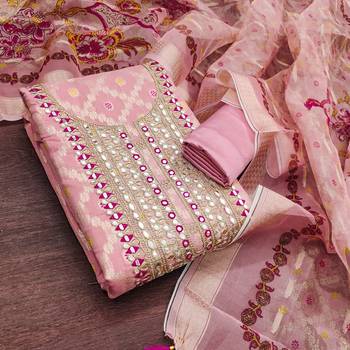 women's baby pink unstitched modal jacquard dress material with emblished dupatta 1