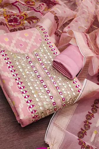 women's baby pink unstitched modal jacquard dress material with emblished dupatta