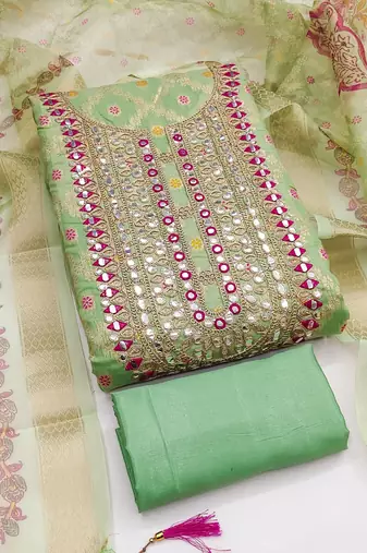 women's light green unstitched modal jacquard dress material & emblished dupatta