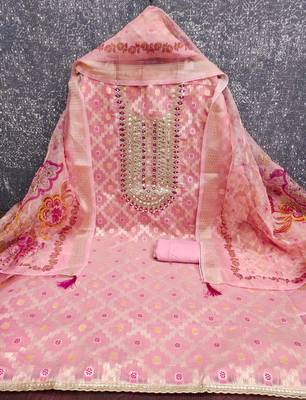 women's baby pink unstitched modal jacquard dress material with emblished dupatta 2