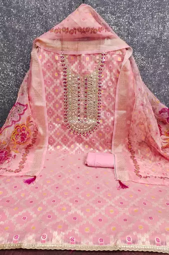 women's baby pink unstitched modal jacquard dress material with emblished dupatta