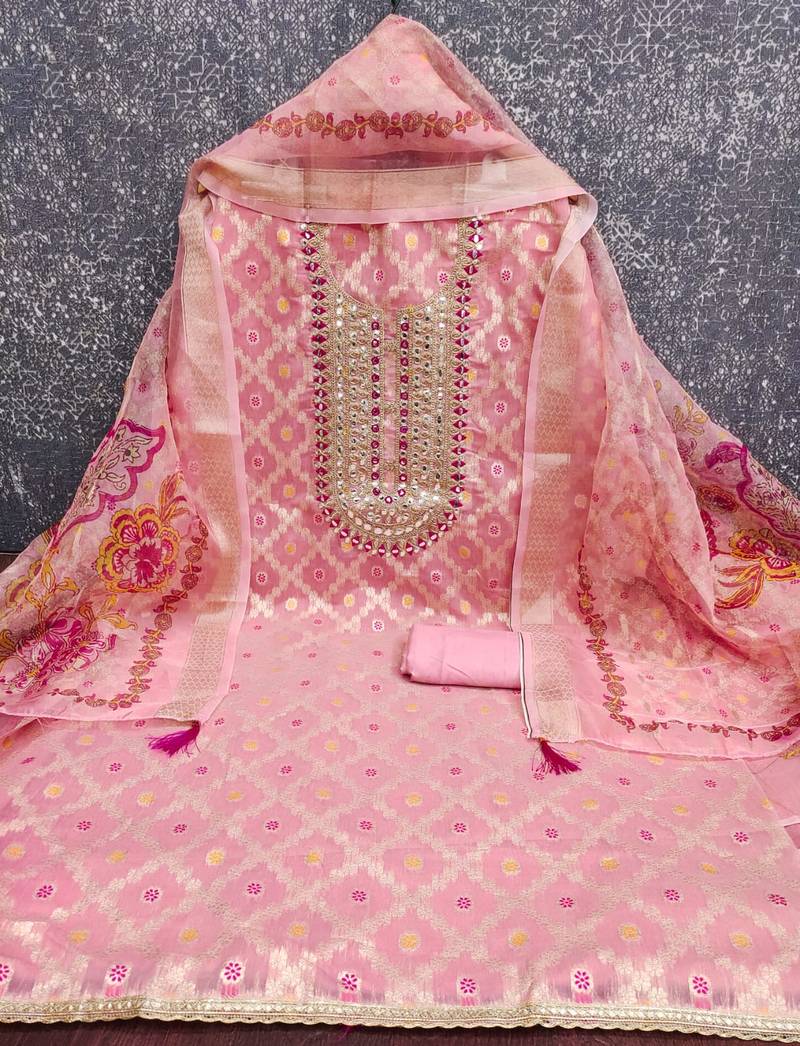 women's baby pink unstitched modal jacquard dress material with emblished dupatta
