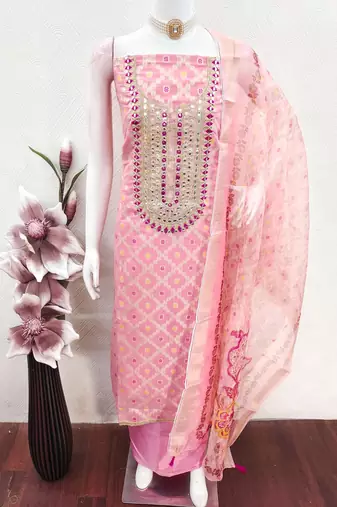 women's baby pink unstitched modal jacquard dress material with emblished dupatta
