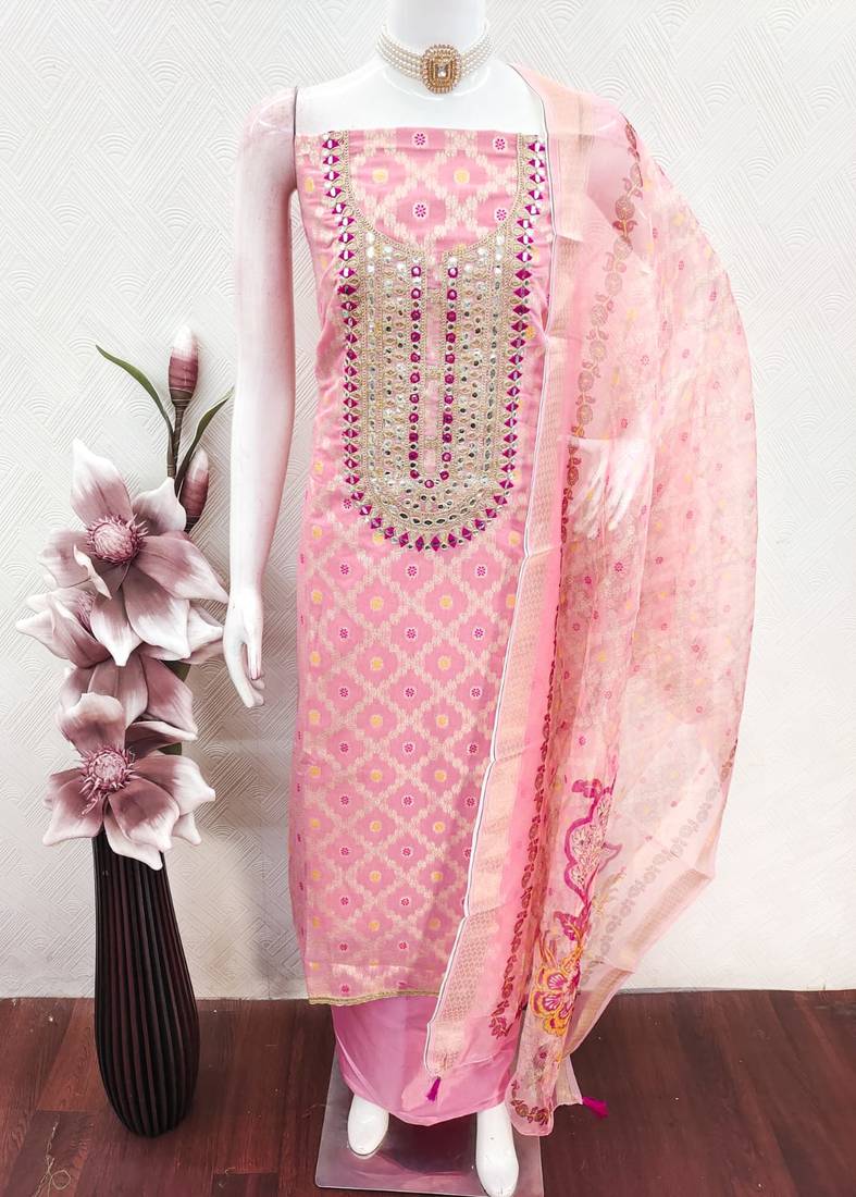 women's baby pink unstitched modal jacquard dress material with emblished dupatta