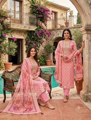 women's baby pink unstitched modal jacquard dress material with emblished dupatta 4