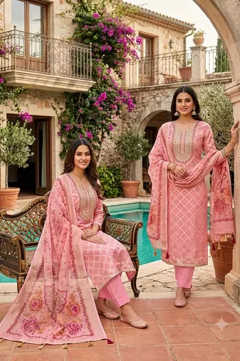 women's baby pink unstitched modal jacquard dress material with emblished dupatta