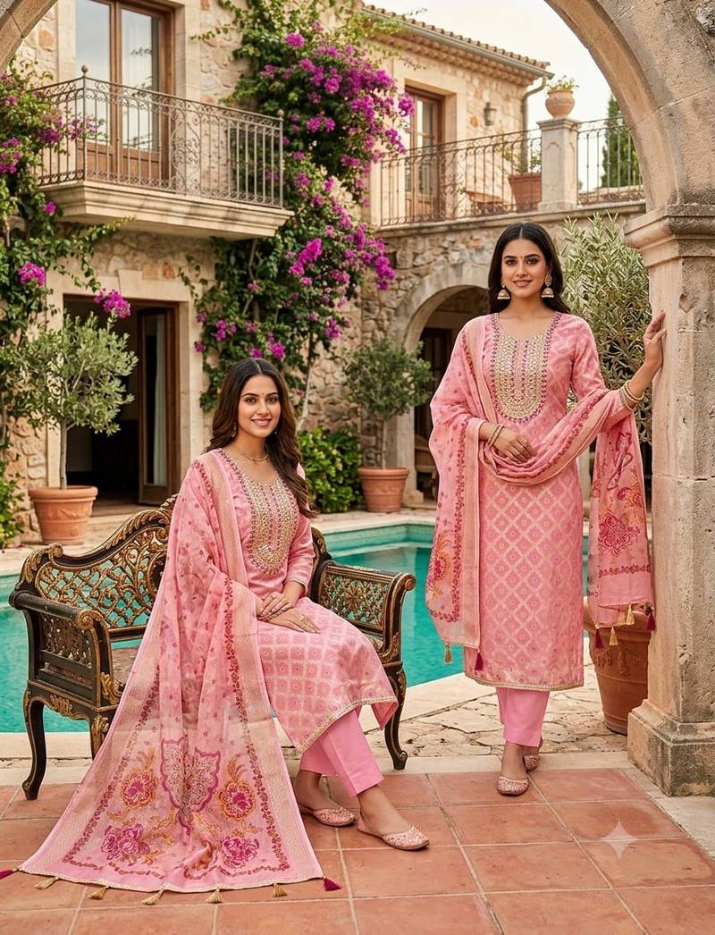 women's baby pink unstitched modal jacquard dress material with emblished dupatta