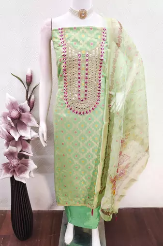 women's light green unstitched modal jacquard dress material & emblished dupatta