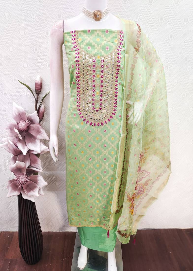 women's light green unstitched modal jacquard dress material & emblished dupatta