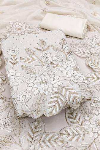 women's white unstitched vichitra silk dress material with embroidered dupatta
