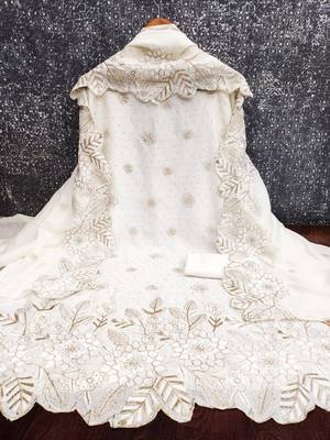 women's white unstitched vichitra silk dress material with embroidered dupatta 2
