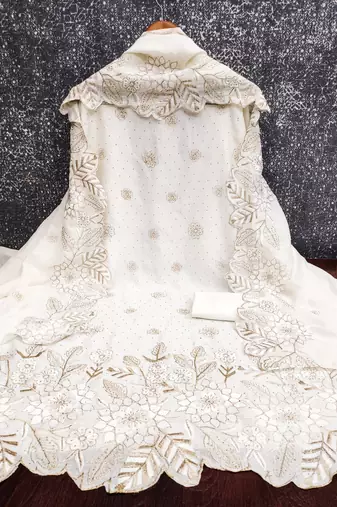 women's white unstitched vichitra silk dress material with embroidered dupatta
