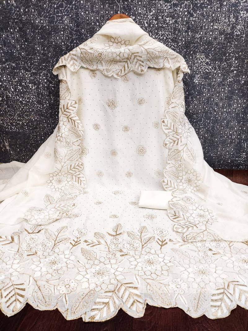 women's white unstitched vichitra silk dress material with embroidered dupatta