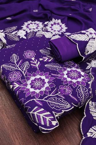 women's voilet unstitched vichitra silk dress material with embroidered dupatta