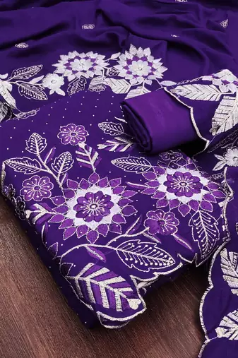women's voilet unstitched vichitra silk dress material with embroidered dupatta