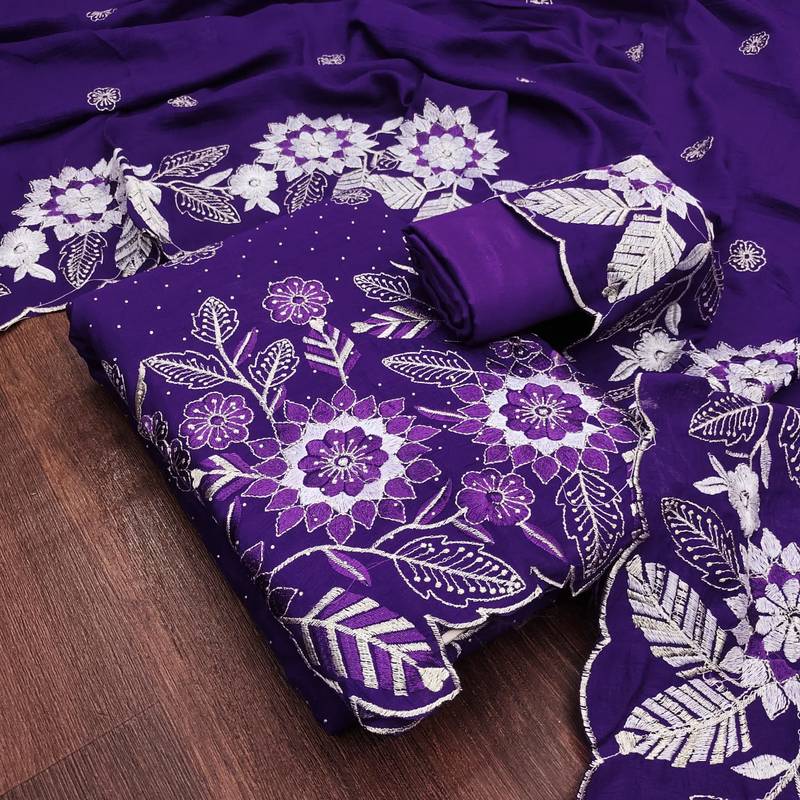 women's voilet unstitched vichitra silk dress material with embroidered dupatta