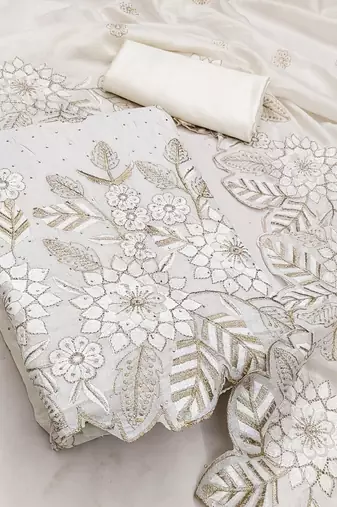 women's white unstitched vichitra silk dress material with embroidered dupatta