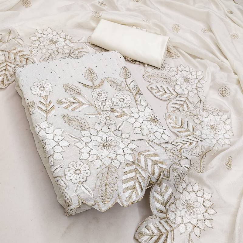 women's white unstitched vichitra silk dress material with embroidered dupatta