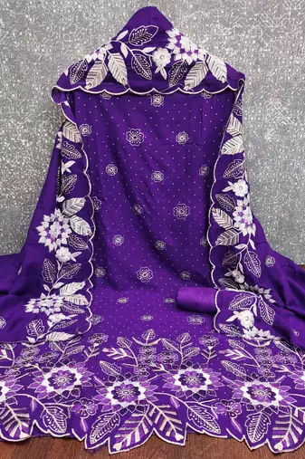 women's voilet unstitched vichitra silk dress material with embroidered dupatta