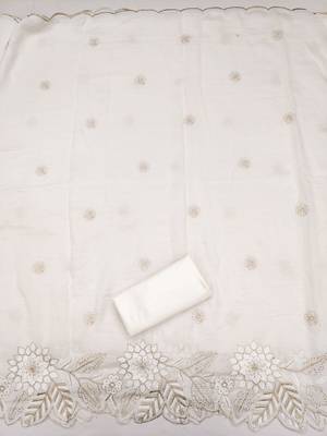 women's white unstitched vichitra silk dress material with embroidered dupatta 4