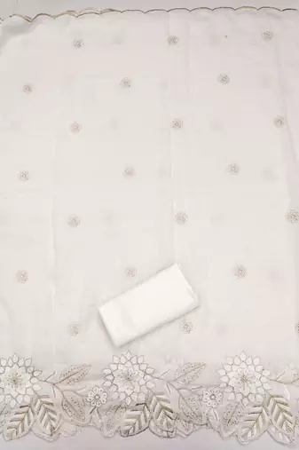 women's white unstitched vichitra silk dress material with embroidered dupatta