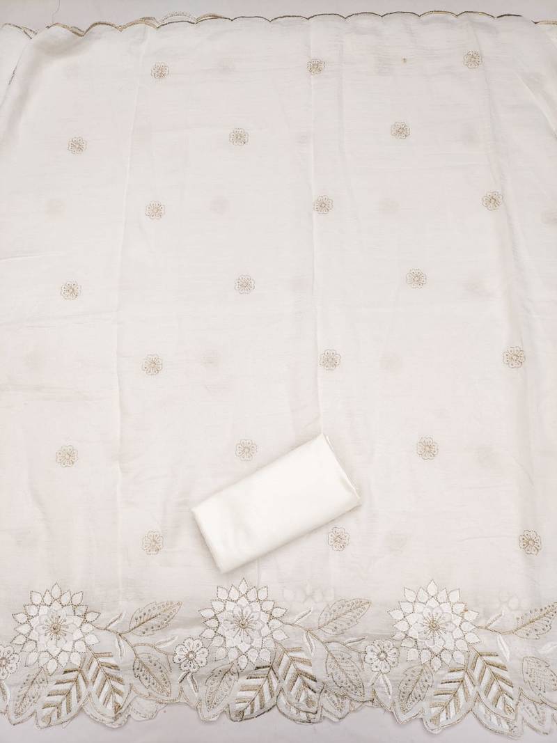women's white unstitched vichitra silk dress material with embroidered dupatta