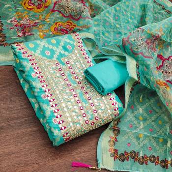 women's sea green unstitched modal jacquard dress material with emblished dupatta 1