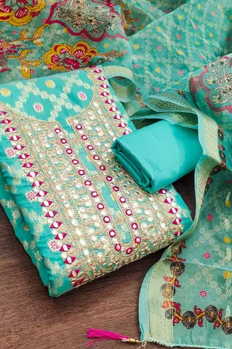 women's sea green unstitched modal jacquard dress material with emblished dupatta