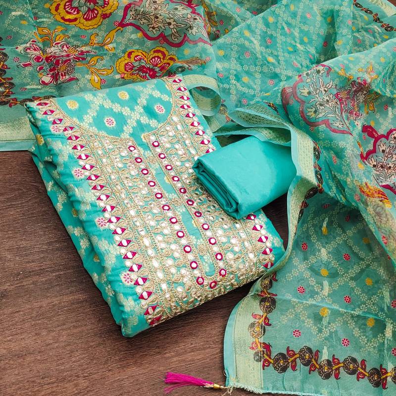 women's sea green unstitched modal jacquard dress material with emblished dupatta