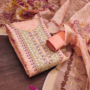 women's peach unstitched modal jacquard dress material with emblished dupatta 1