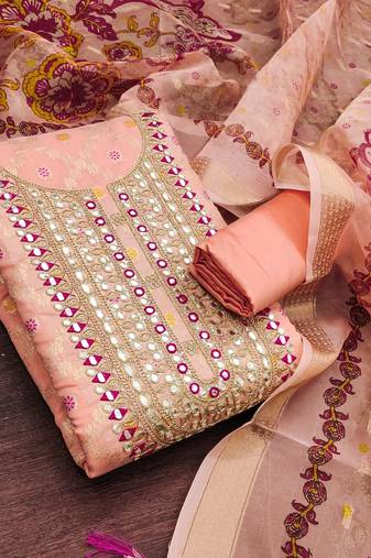 women's peach unstitched modal jacquard dress material with emblished dupatta