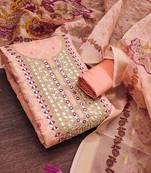 women's peach unstitched modal jacquard dress material with emblished dupatta