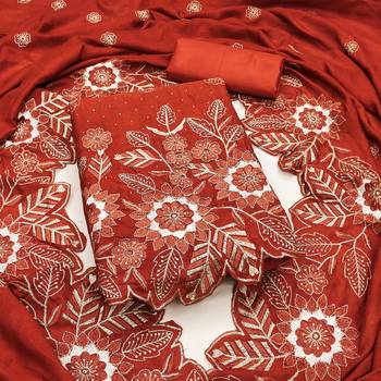women's rust unstitched vichitra silk dress material with embroidered dupatta 1