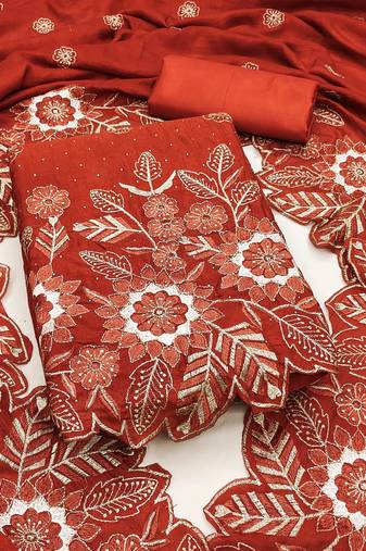 women's rust unstitched vichitra silk dress material with embroidered dupatta