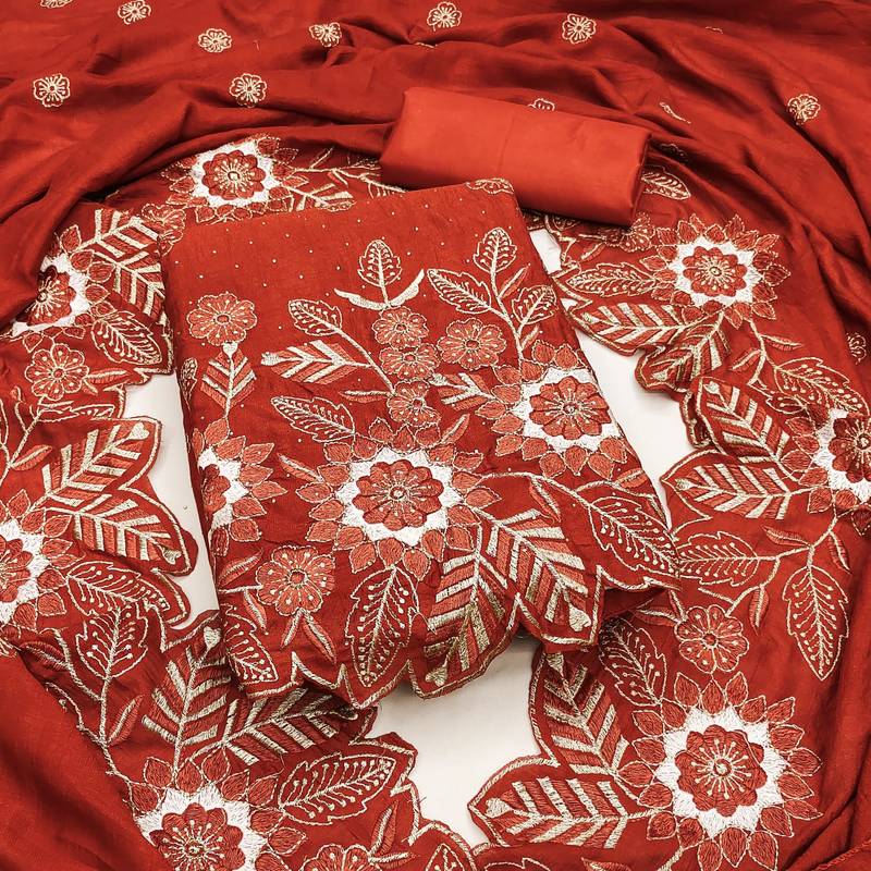 women's rust unstitched vichitra silk dress material with embroidered dupatta