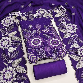 women's voilet unstitched vichitra silk dress material with embroidered dupatta 3