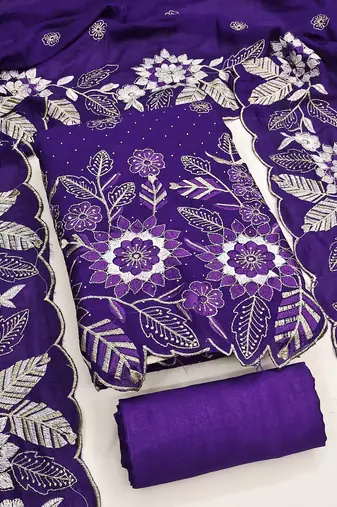 women's voilet unstitched vichitra silk dress material with embroidered dupatta