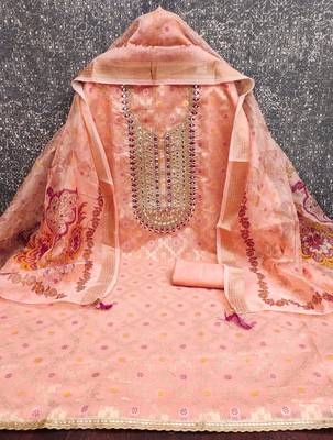 women's peach unstitched modal jacquard dress material with emblished dupatta 2